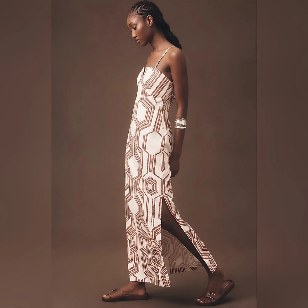 Anthropologie Strapless Geometric Dress in Cream and Brown - Picture 4 of 9